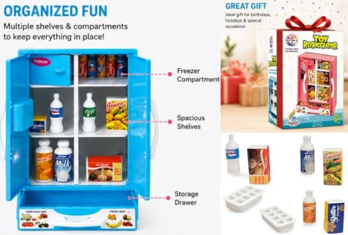 Image of Toy Refrigerator for Kids with Pretend Food Accessories, Mini Fridge Toy with Opening Doors, Freezer Compartment & Storage Drawer, Kitchen Role Play Learning Toy for Boys & Girls Age 3+ Years