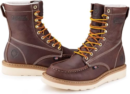 SUREWAY Mens 8 in Wedge Moc Soft/Steel Toe Work Boots for Men,Full-Grain Leather,Goodyear Welt,EH,Safety Industrial Construction Boots/Shoes for Women,Soft Toe Dark BROWN,Size 104