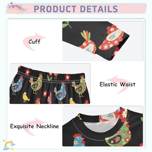 Pajama Sets Long Sleeve Colorful Chickens and Flowers Soft Comfy Sleepwear 2 Piece PJS 3-8T4