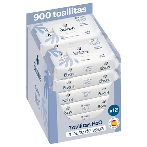 Biolane - Toallitas de agua H2O Bebé, 900 Toallitas (12 Paquetes de 75 Unidades), 99% Ingredientes Naturales, Fibras 100% Vegetales, Bebés y recién nacidos, Piel Sensible, Fabricadas en España