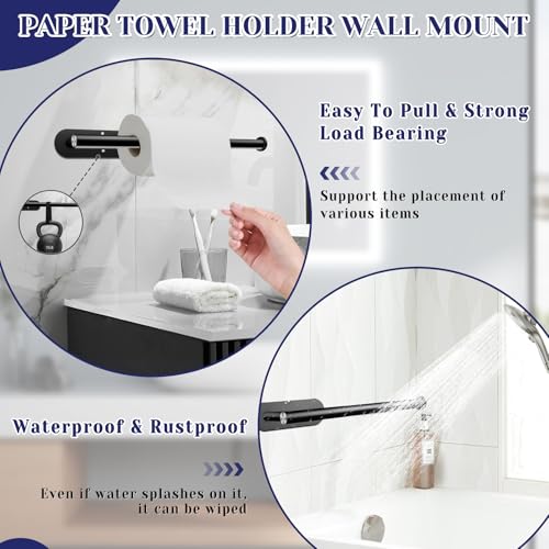 Image of Black Paper Towel Holder, Self Adhesive Paper Towel Holder Under Cabinet | Stainless Steel, kitchen, Bathroom, Sink, Pantry, Fridge, durable, scratch-resistant, cling film, foil rolls, Drilling