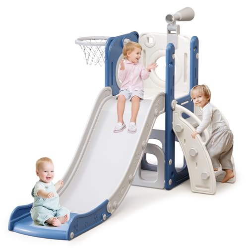 YUYUE 6 in 1 Toddler Slide for Toddlers Age 1-3, Extra-Long Slide with Basketball Hoop Indoor and Outdoor Baby Climber Playset Playground Freestanding Slide (White+Blue)
