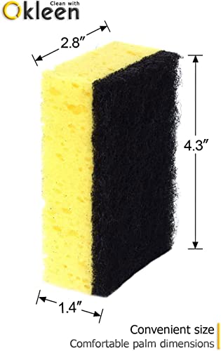 Image of Yellow Multi Use Scrub Sponge. Made in Europe. Large Pack of 18. 4.3x2.8x1.4 inches. Black Heavy Duty & White Non Scratch Fiber. Best Odorless & Durable Professional Scrubber for Commercial Use