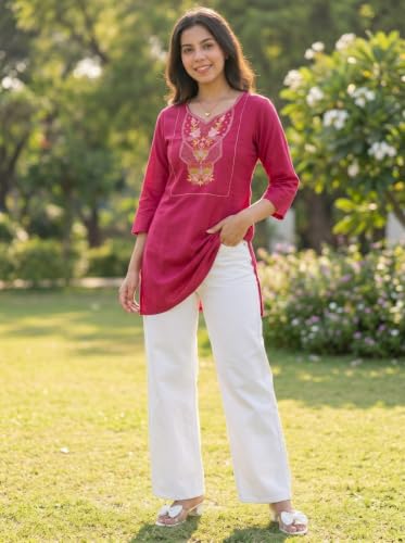 Image of Cotton Blend Embroidered Straight Kurta for Women | Cotton Blend | 3 /4 Sleeve | Round Neck V-Slit | Ethnic Wear Casual Wear