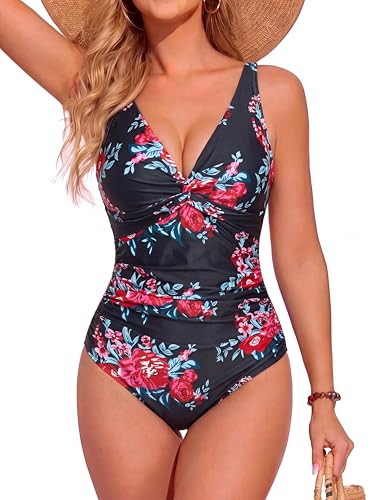 Image of Smismivo Women's Tummy Control Swimsuit One Piece Slimming Ruched Push Up Bathing Suit Vintage Padded Retro V Neck Swimwear