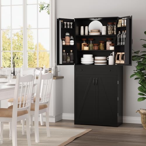 VOWNER Credenza Cucina, Mobile Buffet, Credenza Salvaspazio, Mobile Dispensa, Armadio Dispensa, 4 Ripiani Regolabili, 12 Ripiani su Ante, MDF, 183H x 76W x 40Lcm (Nero) - immagine 3