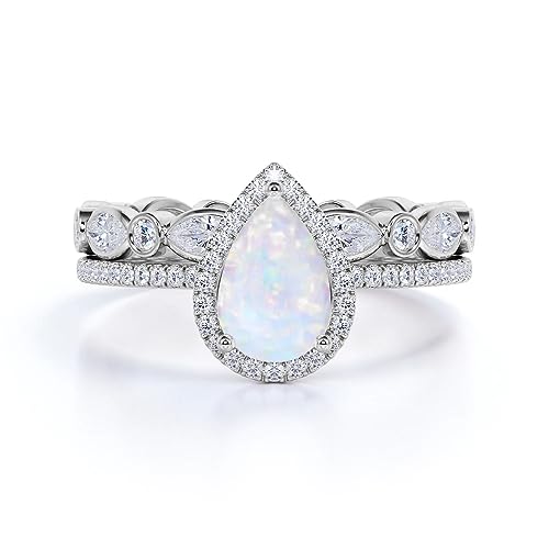 1.75 Carat (ctw) Pear Shaped Opal and Moissanite Wedding Ring Sets for Women 925 Sterling Silver 10K 14K 18K Gold Halo Engagement Ring Sets with Text Engraving