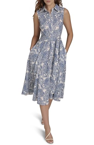 Image of Tommy Hilfiger Women's Sleeveless Collared Button Front Tie Waist Midi Shirt Dress