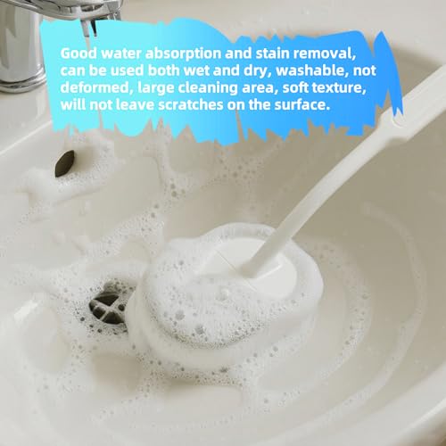 Image of Long Handle Sponge Scrub Bathroom Brush, Sponge Cleaning Brush with Handle Large Wall Scrubber Shower Long Handles Brush for Tableware, Kitchen, Toilet, Bathroom Cleaning Tools Accessories White