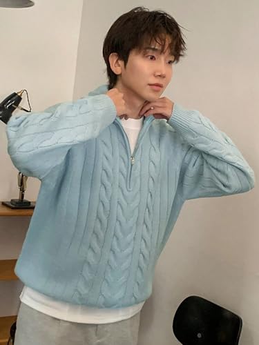 Pullover Sweaters for Men Zip-Up Partial Placket Raglan Sleeve Sweater2