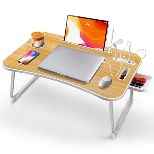 ICARE Betttisch, Laptoptisch Betttablett Klappbar mit 4 USB, Tablet Ständer, Schublade, Getränkehalter, Tragegriff, Laptop Tisch für Bett, Sofa, Couch, Boden (60 x 40 cm, Holzfarbe)
