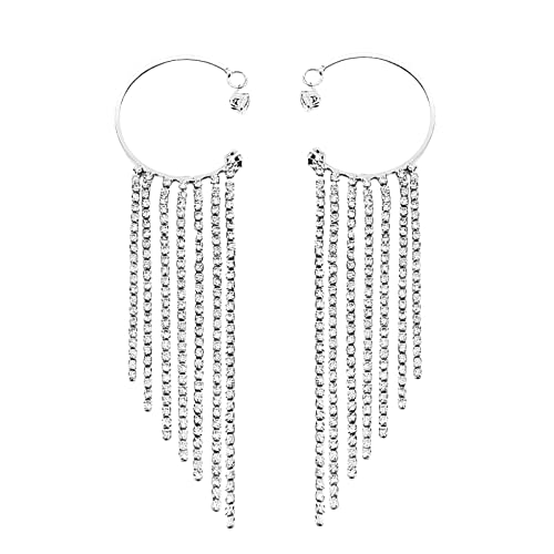 Rhinestone Long Tassel Earings, Bohemian Retro Tassel Long Dangle Chain Earrings Without Pierced Earrings, Dangle Ear Cuff Earrings Jewelry Gift For Grils (Silver) #TOP24
