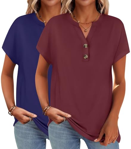 2 Pack Women's Short Sleeve Henley Tops V Neck Dressy Casual Summer Shirts 2025 Trendy Blouses Vacation Clothes