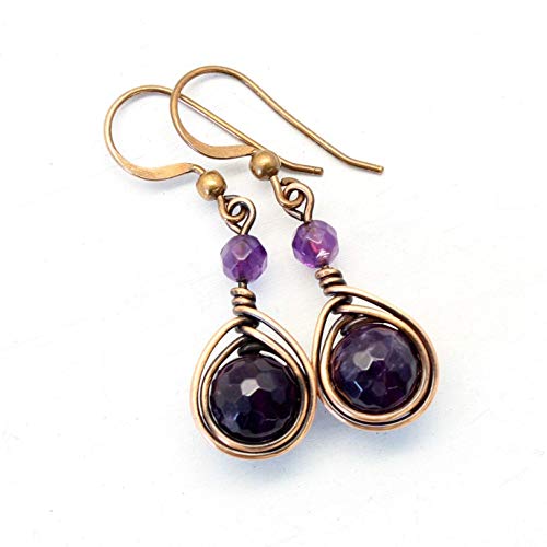 Copper Wire Wrapped Earrings With Dark Amethyst Gemstone #TOP6
