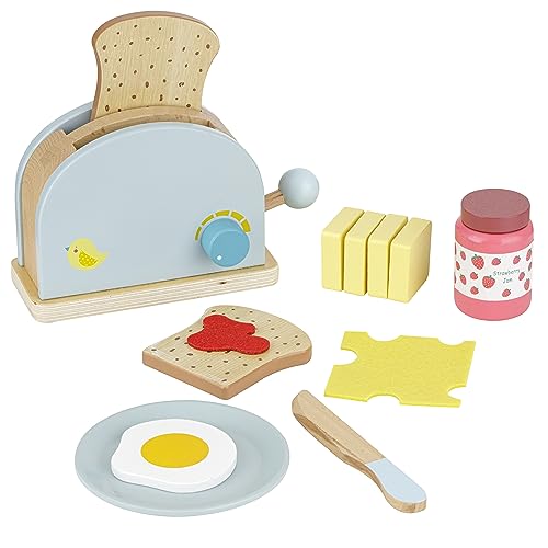 Baroni Toys Set Grille-Pain en Bois Montessori 10 Accessoires, Jeu en Bois pour la Préparation des Toasts, Jeux en Bois pour Enfants, Appareil Ménager Jouet de 3 à 7 Ans, 15x6.5x11 cm