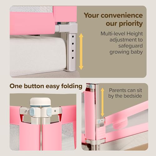 Image of LuvLap Alloy Steel Bed Rail Guard for Baby /Kids Safety, 180cm x 72 cm(6ft x 2.3ft), Portable & Foldable, Baby Safety Essential, Adjustable Height, fits All Bed Sizes (Pink - Without Print)