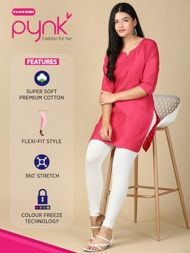 Image of PYNK Solid Premium Cotton Lycra Ankle Length Leggings for Women| Regular Fit Elastic Waist Ankle Length /Cropped Length Leggings for Women |Leggings Women Ankle Length | Free Size