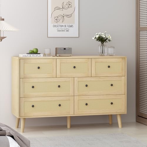 HOUROM Rattan Dresser for Bedroom with 7 Drawers, Natural Wood Durable Dressers & chests of Drawers with Black Handles, Chest of Drawers for Bedroom, Nursery, Entryway, Hallway - Image 4