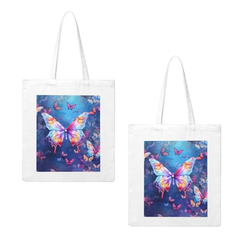 (Colorful Butterfly) Reusable Canvas Tote Bag For Women Shoulder Bag For Shopping Grocery Beach Travel Work2