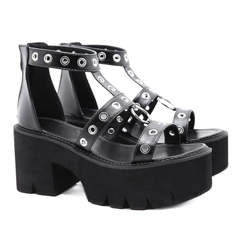 Image of Gothniero women black platform sandals goth chunky wedge heel summer sandals girls gothic punk platform sandals for women metallic spider buckles slides size 5.5-11