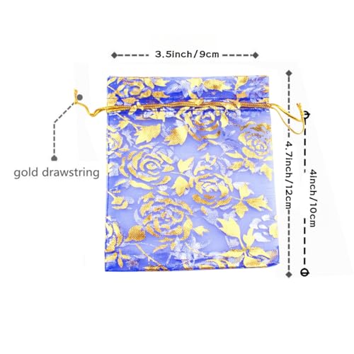 Image of QIANHAILIZZ 100 pcs 3.5 x 4.7 Inch Flower Heart Organza Jewelry Gift Pouch Candy Pouch Drawstring Wedding Favor Bags X92 (royalblue gold flower)