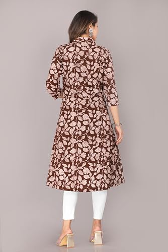 Image of KANNAHI Women Pure Cotton Printed Straight Calf Length Regular Jaipuri Kurta and Shrug Set with Floral Print for Womens & Girls Grey