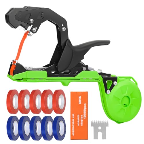 FUNTECK Professional Plant Tying Machine to Bind Tomatoes and Grapes Effortless Garden Tape Tool for Gardeners Farmers, Including Spare SK5 Blade, Garden Tapes and Staples, Green/Black