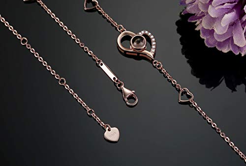 OneSight Women Love Heart Projection Bracelet or Anklet Jewelry, 925 Sterling Silver Memory of Love Bracelet or Anklet - 100 Different Languages for I Love You (Rose Gold Bracelet) - Image 5