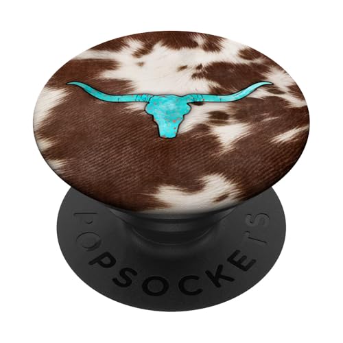 Western Cowhide Cow Print Turquoise Bull Skull Chic Rustic PopSockets Adhesive PopGrip