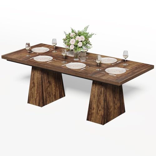 Image of LITTLE TREE Dining Table for 4-6 People, Wooden Table, Rectangle Furniture with Heavy Duty Legs, Modern Kitchen Table for Home, Dining Room, Brown