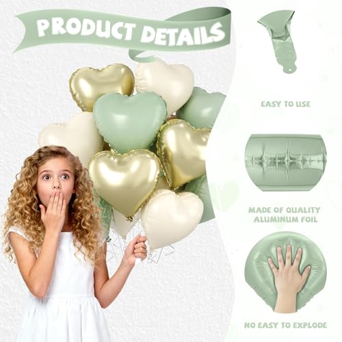 Image of Sage Green Gold Heart Balloons, 10 Pcs Light Gold Cream Heart Shaped Balloon, 18 Inch Olive Green Sand White Foil Balloons for Jungle Safari Brithday Baby Shower Wedding Valentines Party Decoration