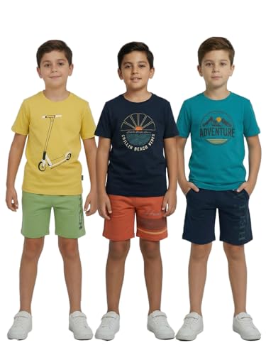Image of HELLCAT Boys Dress Clothing Set Combo with Tshirts & Shorts - Pack 3