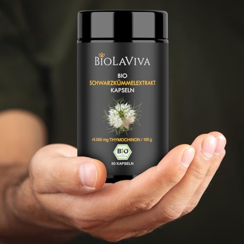 BIO Schwarzkümmelöl Kapseln - 5.000mg Thymochinon/100g - 60 Kapseln vegan im 2-Monats-Vorrat - Lichtschutz MIRON Violettglas - Nigella Sativa Extrakt – laborgeprüft und in Deutschland produziert