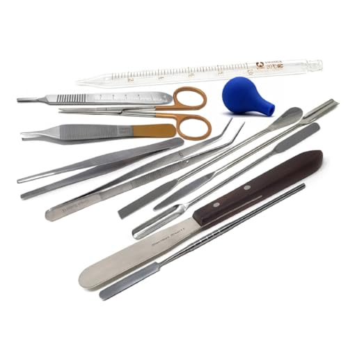 11Pcs Laboratory Sampling Stainless Steel Lab Spatulas Micro Scoop Spoon Kit with Forceps, Dissecting Scissors, Scalpel Handle, Glass Pipette Multipurpose Science Experiment Supplies for Schools