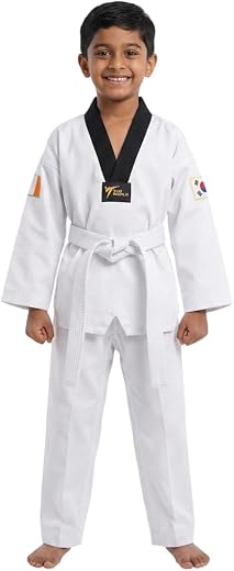 Taekwondo Uniform for Kids &amp; Adults, White Cotton Dobok with Black Collar, Training &amp; Competition Wear