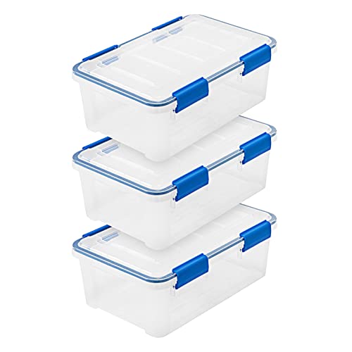 IRIS USA WeatherPro 16 Qt Storage Bins with Lids, 3 Pack, BPA-Free Plastic Gasket Box with Tight Latch and Seal, Stackable Nestable Tote Tub – Clear/Blue