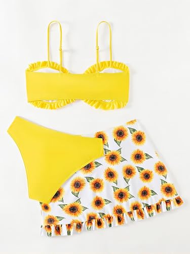 Image of Girl's 3 Piece Set Sunflower Print Bikini Sets Bathing Suit with Mesh Cover Up Skirts Yellow 150