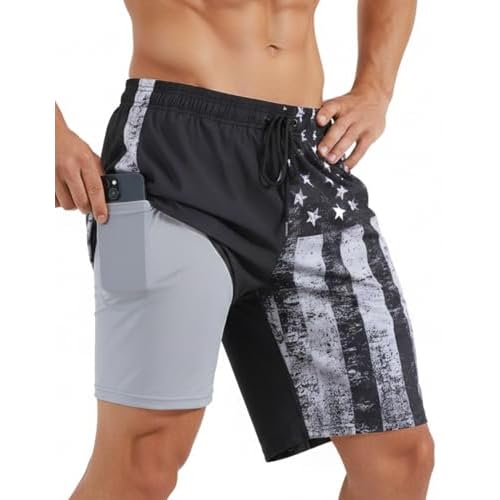9 Inch Men Swim Trunks with Compression Breathable Liner Quick Dry Zipper Pockets for Water Beach Travel Cruise Small Palm Blue