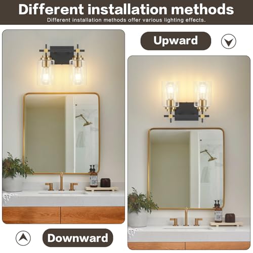 Image of SOLFART Modern Bathroom Vanity Light with Clear Glass Globes,2 Lights Bathroom Light Over Mirror Black and Gold Finish,Wall Mount Sconce for Over Mirror Vintage Lighting