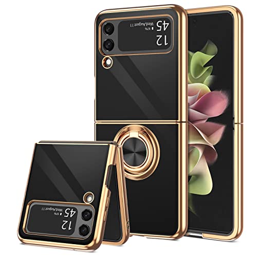 BENTOBEN for Samsung Galaxy Z Flip 3 5G Case with Ring Phone case for Galaxy Z Flip 3 Holder Edge Plating Rotation Stand Soft Silicone Slim Flexible Shockproof Protective Cover for Z Flip 3 Black