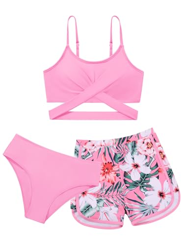 Image of Girl's 3 Piece Bikini Set Cross Strap Swimsuits for Girls Bathing Suit with Shorts Teen Swimwear Swimming Suit