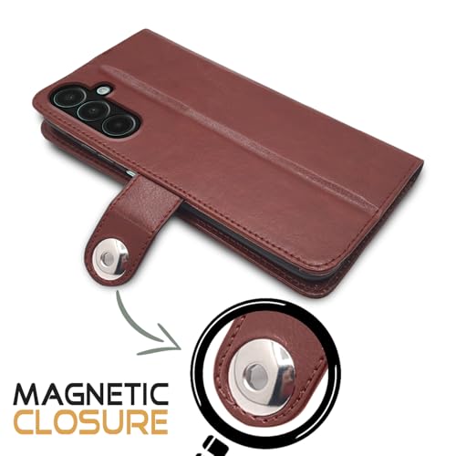 Image of Pikkme Flip Cover Leather Finish | Inside TPU with Card Pockets | Wallet Stand and Shock Proof | Complete Protection Button Flip Case for Samsung Galaxy A16 5G(Brown)