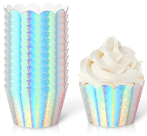 Whaline 36Pcs Summer Laser Mermaid Cupcake Wrappers Colorful Mermaid Scales Cupcake Liners Decorative Cupcake Holders for Birthday Wedding Party Cake Decoration