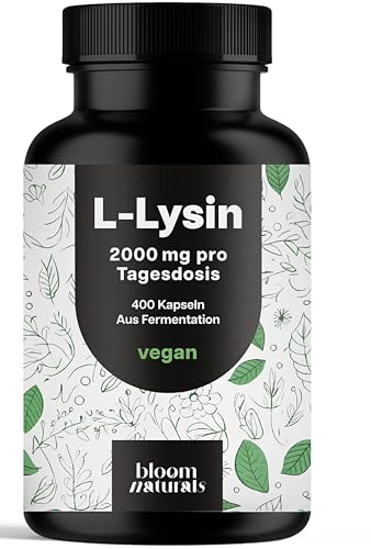 L-Lysin hochdosiert - 400 Kapseln mit 2000mg pures L Lysin pro Tagesportion. Aus pflanzlicher Fermentation - Kapseln - Vegan und produziert in Deutschland - Verpackung kann variieren