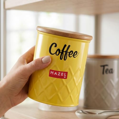 Image of HAZEL Coffee Storage Airtight Container with Wooden Lid Metal Coffee Jar 800ml