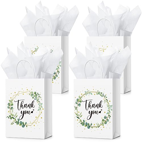 Tinlade 30 Pcs Thank You Gift Bags with Tissue Paper Gold Thank You Wedding Bags with Handle for Graduation Business Shopping Wedding Shower Party Favors(Eucalyptus Leaf)