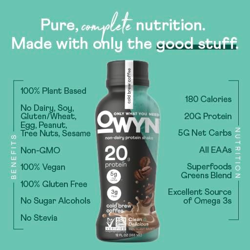 OWYN Only What You Need Vegan Plant-Based Protein Shake, Cold Brew Coffee, 12 Pack, with 20g Plant Protein, Omega-3, Prebiotic supplements, Superfoods Greens Blend, Gluten-Free, Soy-Free, Non-GMO - Image 3