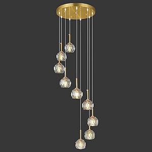 LMQNINE Gold 9-Light Mini Crystal Ball Chandeliers for Entryway Adjustable Modern Pendant Light Foyer Hanging Fixture Lighting Large Chandelier for Dining Room High Ceiling Living Room Staircase