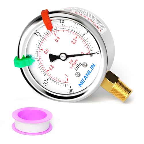 Image of MEANLIN MEASURE -30inHG~0Psi Vacuum Pressure Gauge 1 /4 inch NPT 2.5 inch FACE DIAL, Stainless Steel Liquid Filled Pressure Gauge WOG Water Oil Air Lower Mount (with 2PCS Snaps)