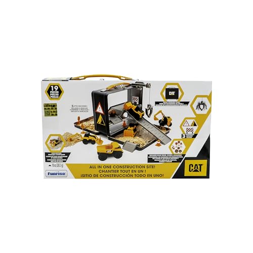 Image of CAT Construction Toys, Store N Go Playset - Tin Travel Case Transforms into Multi-Level Worksite, Includes 2 Little Machines Vehicles & 10 + Accessories, Portable STEM Toy for Kids Ages 3 +